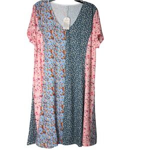 Patchwork Floral V Neck‎ Short Sleeve Midi Dress Womens Plus Size XXL Boho NWT